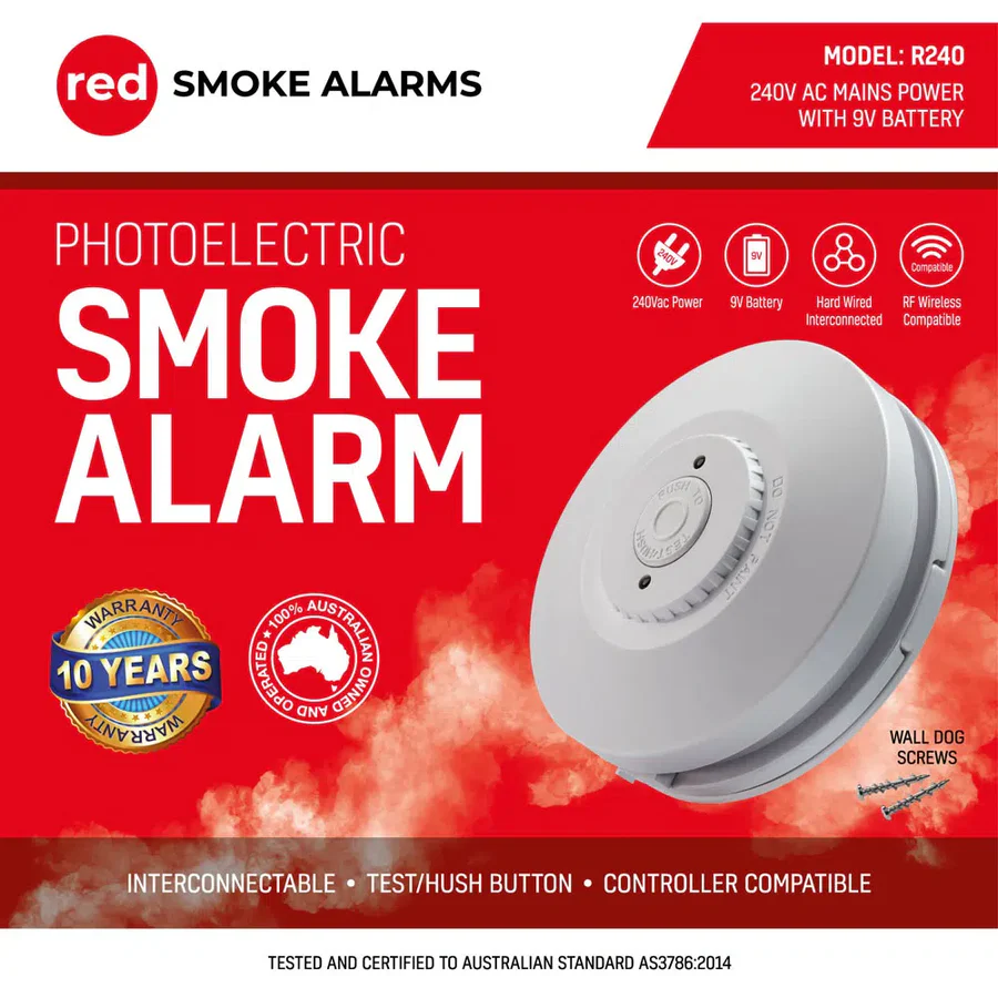 Red 240v Smoke Alarm with 9v Battery Back-up